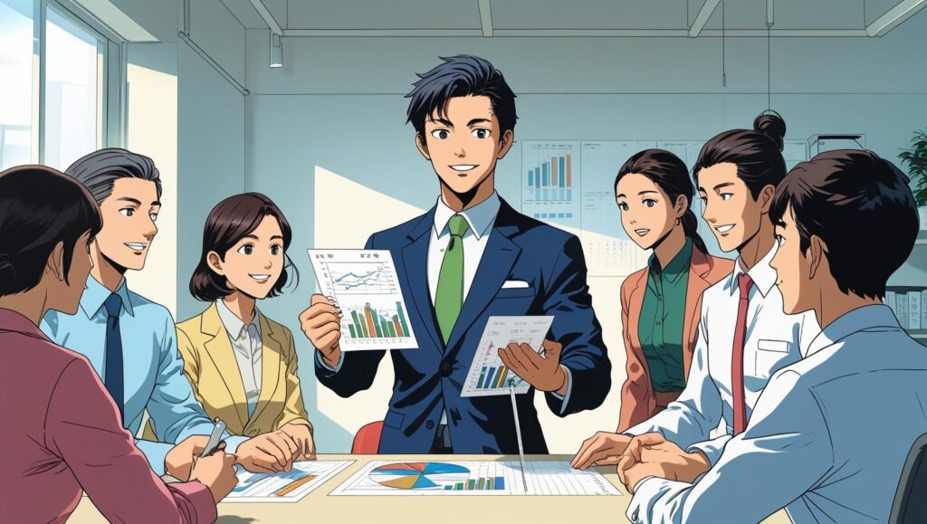 アニメ風)資金の増やし方について説明している、日本人のファイナンシャルプランナー