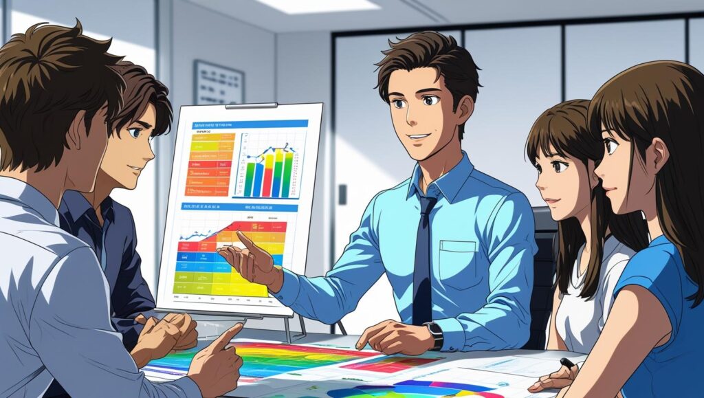 アニメ風)20代におすすめの資産運用方法について説明している、日本人のファイナンシャルプランナー