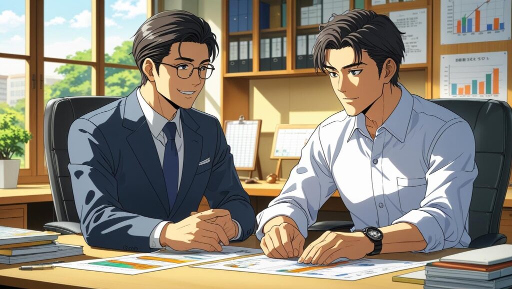 アニメ風）20代の資産形成を始めるメリット、方法と注意点について、日本人のファイナンシャルプランナーが日本人の20代男性会社員に説明している