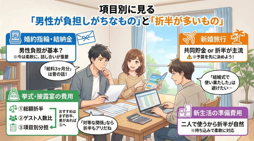 項目別に見る「男性が負担しがちなもの」と「折半が多いもの」