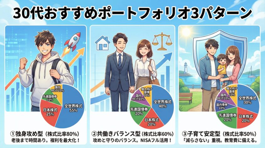 30代おすすめポートフォリオ3パターン——独身攻め型・共働きバランス型・子育て安定型